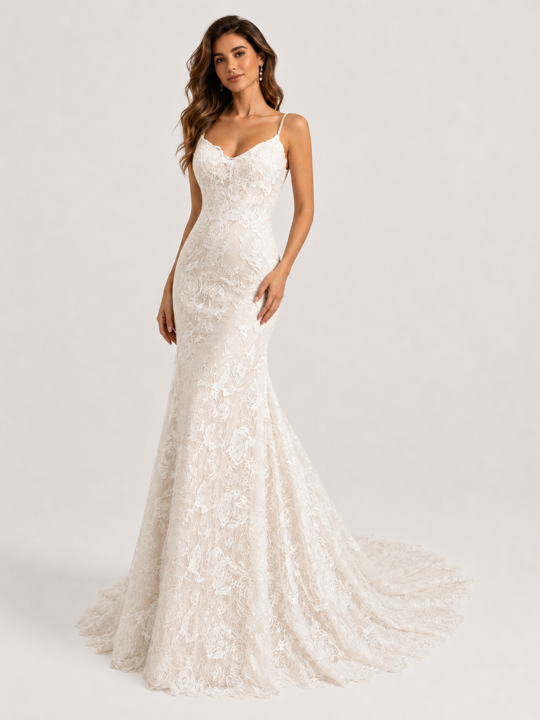 Elegant Spaghetti Strap Floral Lace Sheath Wedding Dress with Sweep Train