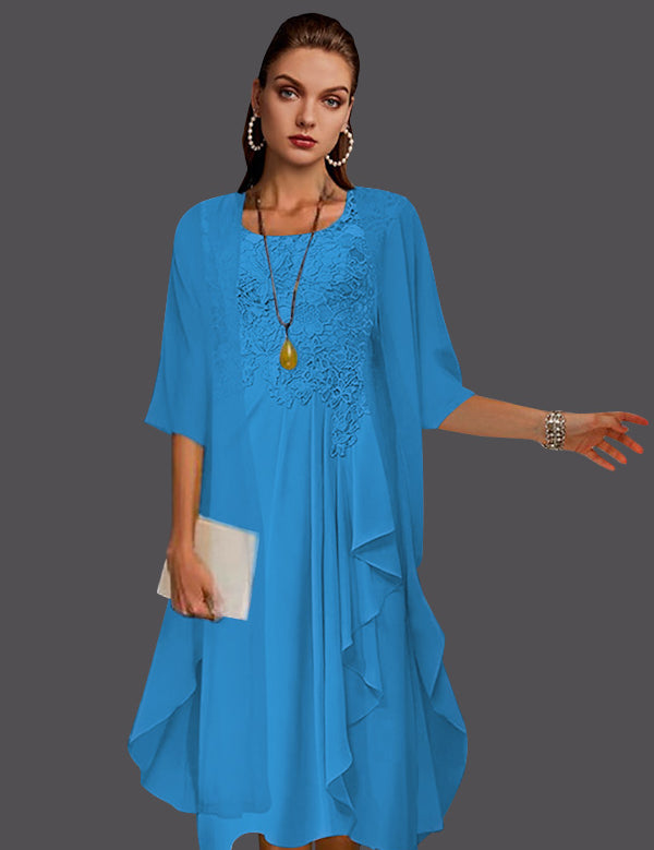 Two Piece A-Line Chiffon Lace Sleeveless Jacket Dresses with Pleats Appliques