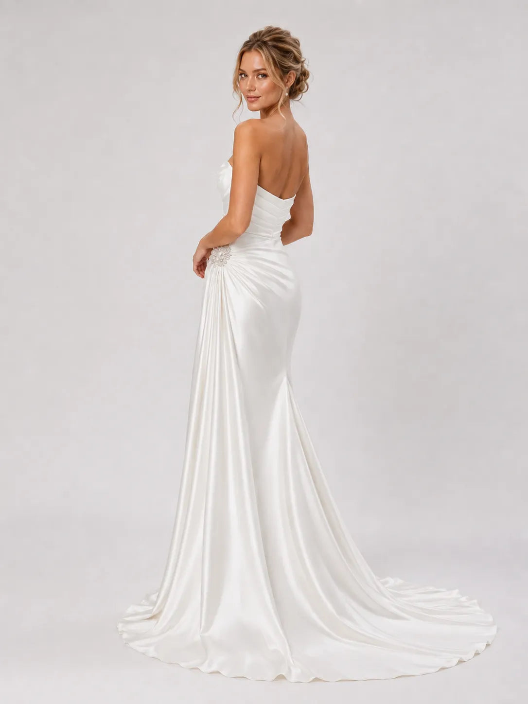 Elegant Strapless Satin Wedding Dress with Ruched Draping & Beaded Brooch
