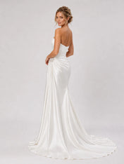 Elegant Strapless Satin Wedding Dress with Ruched Draping & Beaded Brooch