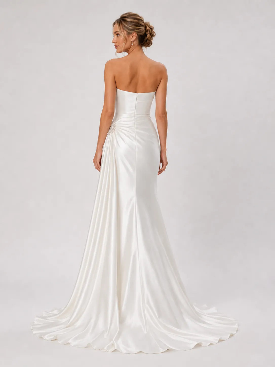 Elegant Strapless Satin Wedding Dress with Ruched Draping & Beaded Brooch