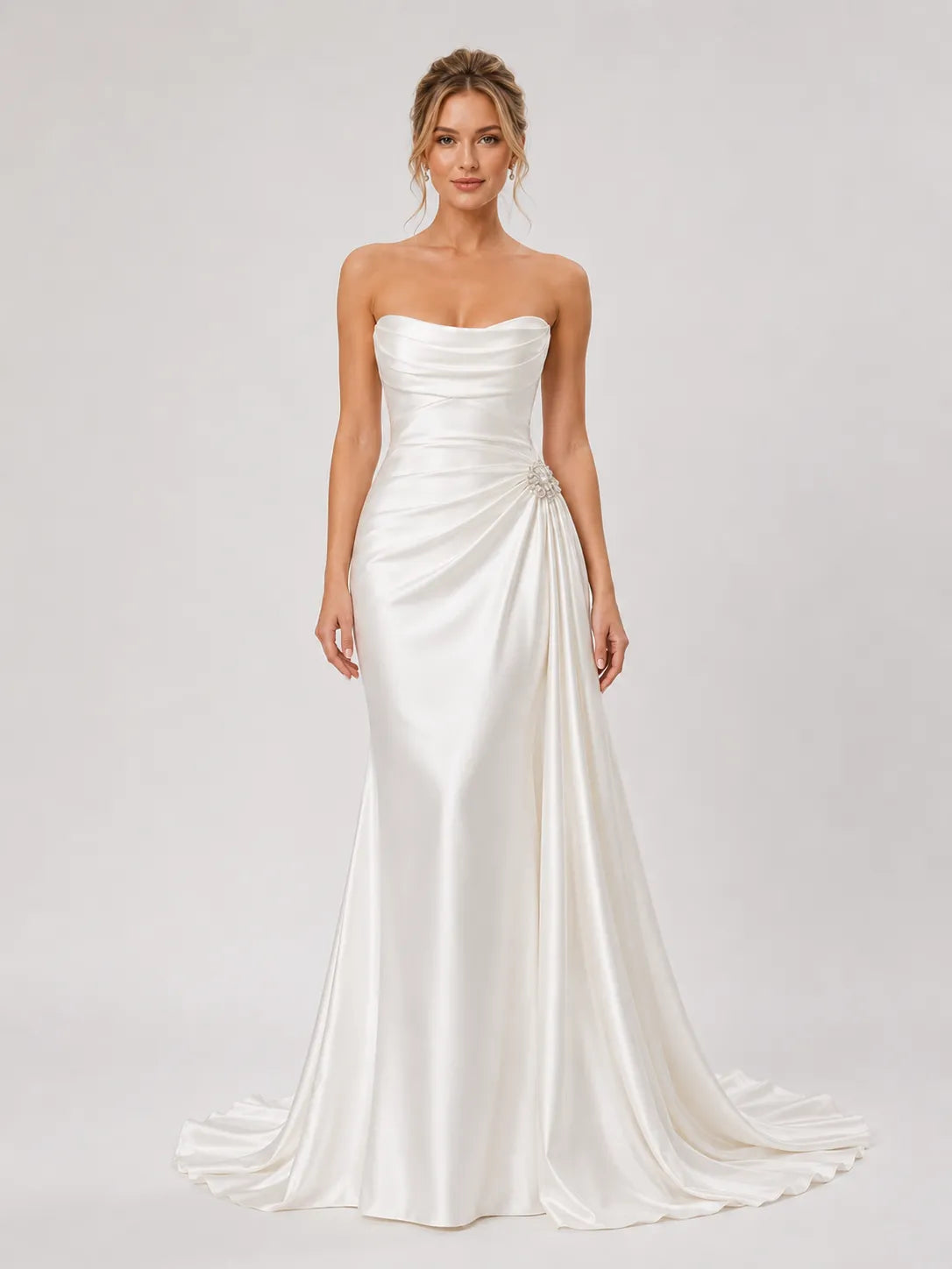 Elegant Strapless Satin Wedding Dress with Ruched Draping & Beaded Brooch