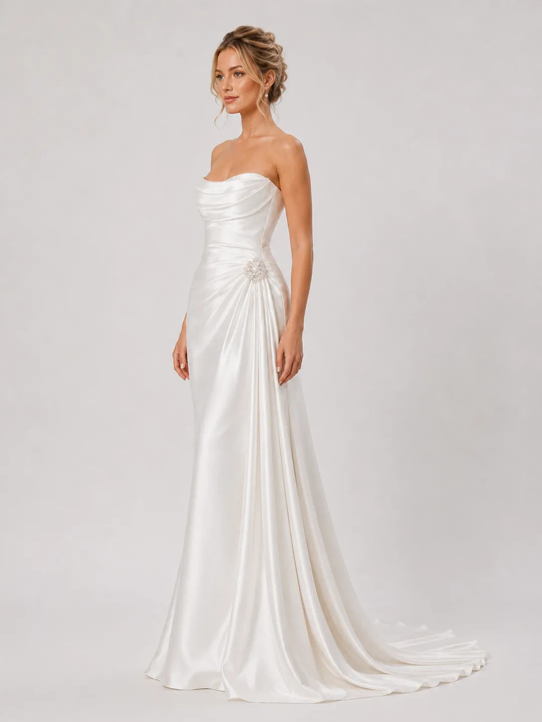 Elegant Strapless Satin Wedding Dress with Ruched Draping & Beaded Brooch
