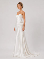 Elegant Strapless Satin Wedding Dress with Ruched Draping & Beaded Brooch