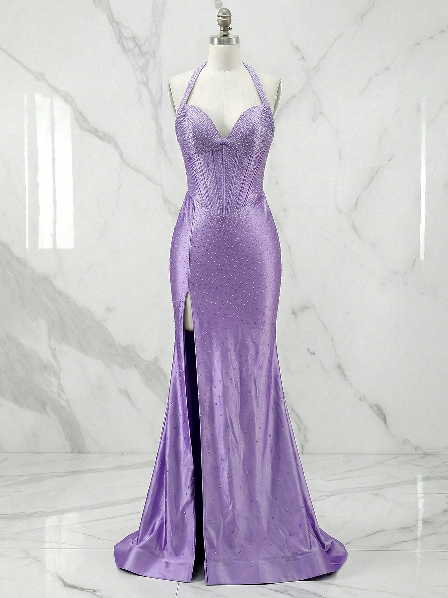 Beaded Halter Corset Prom Dress with High Slit