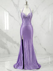 Beaded Halter Corset Prom Dress with High Slit