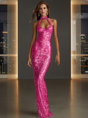 Glamorous Gold Sequin Halter Neck Mermaid Long Prom Dress
