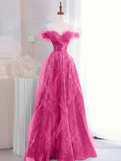 Fliederfarbenes schulterfreies Pailletten-Rüschen-Tüll-Boho-Ballkleid
