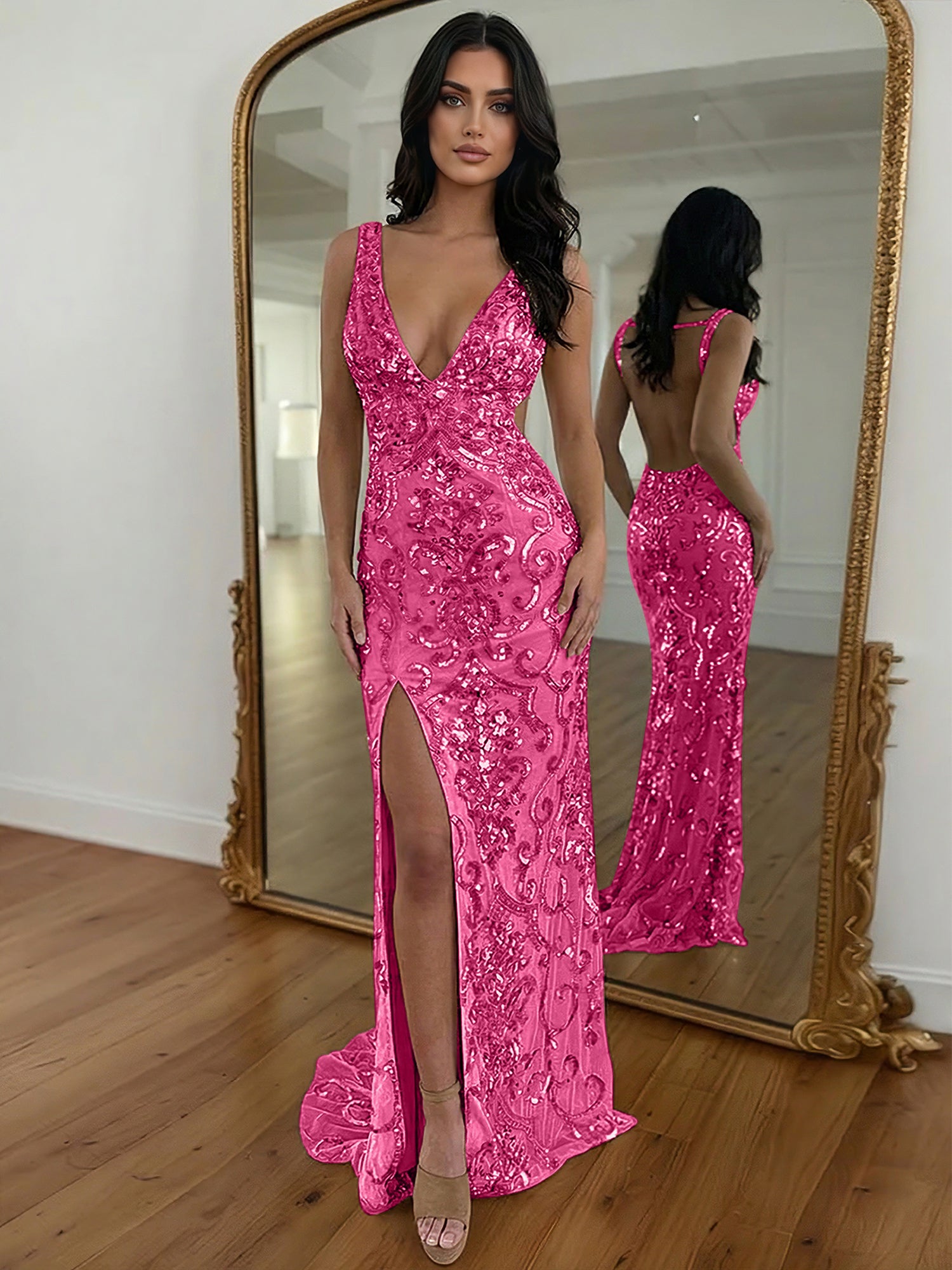 Gold Sequin V-Neck Open Back Mermaid Prom Dress with High Slit