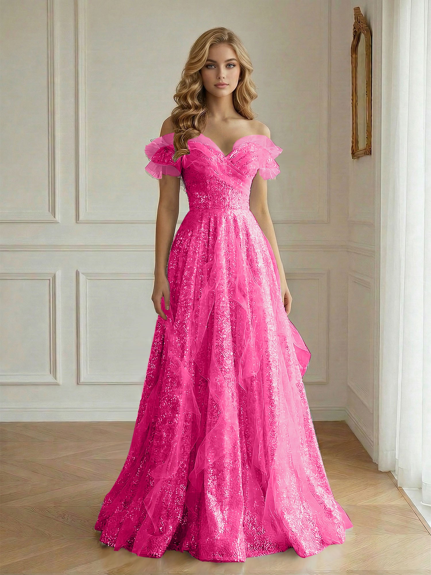 Off-the-Shoulder Sequin Tulle A-Line Gown with Ruffle Accents Prom Dress