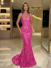 Gold Sequin Halter Mermaid Prom Dress with Ruched Waist
