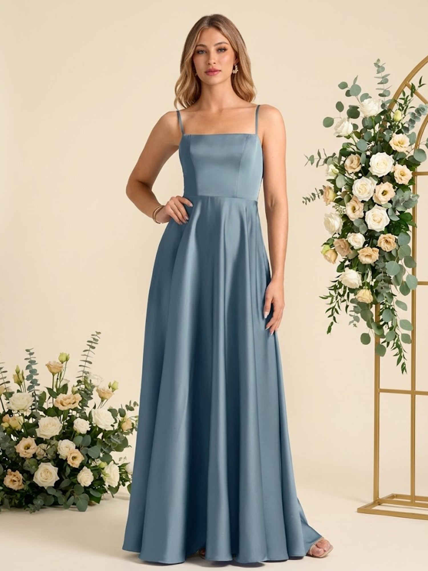 Spaghetti Straps Satin Back Pleat Bridesmaid Dresses for Women