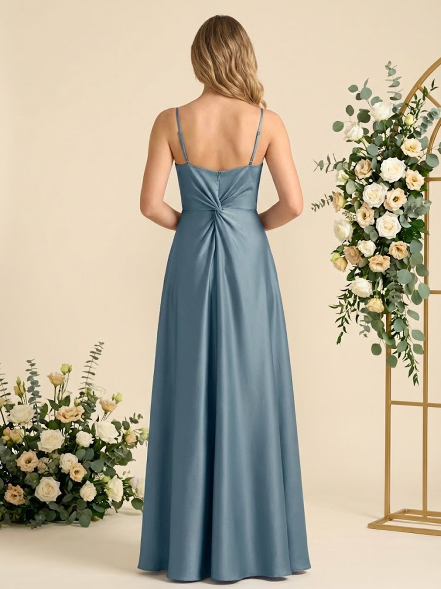Spaghetti Straps Satin Back Pleat Bridesmaid Dresses for Women