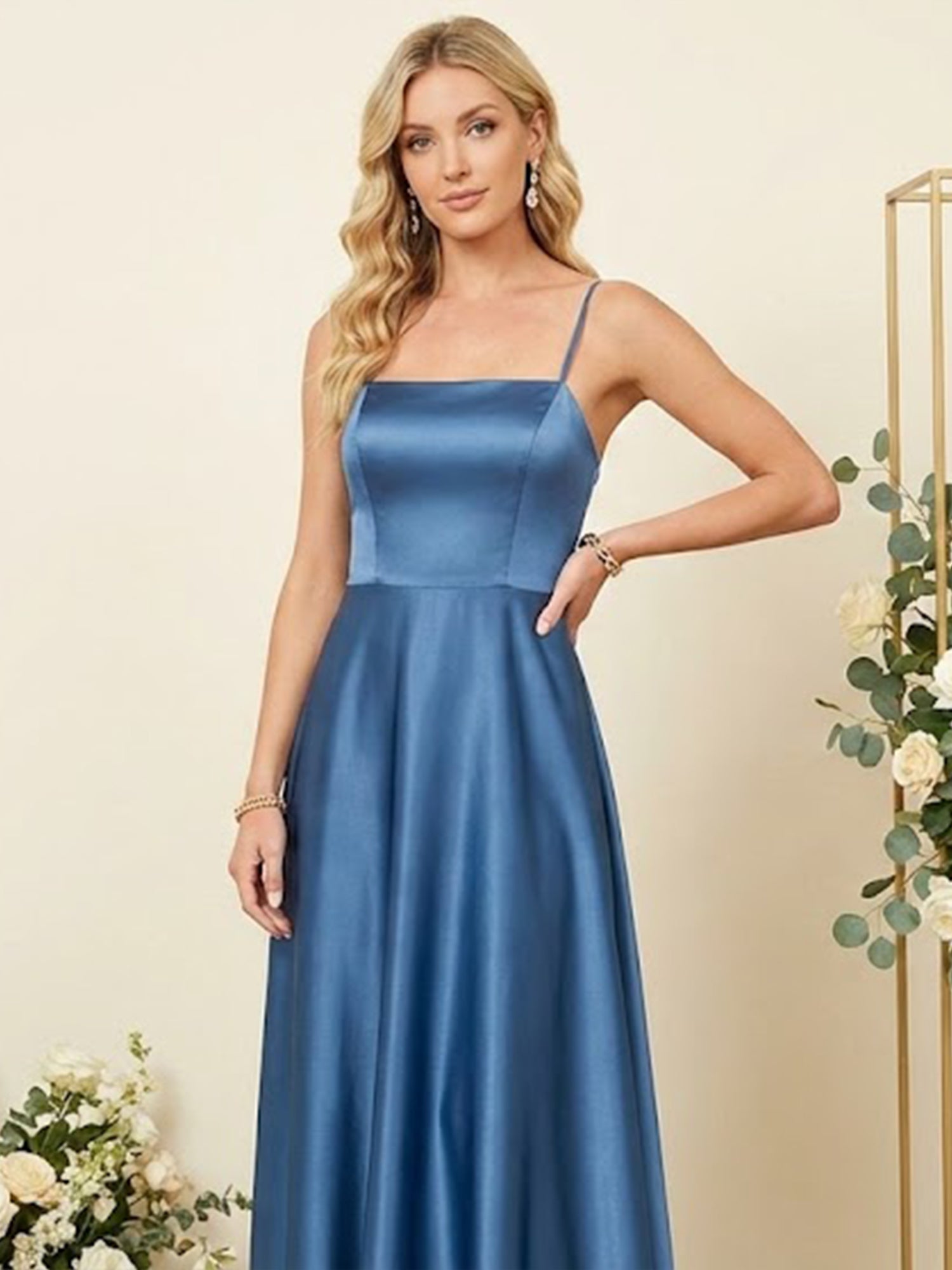 Spaghetti Straps Satin Back Pleat Bridesmaid Dresses for Women