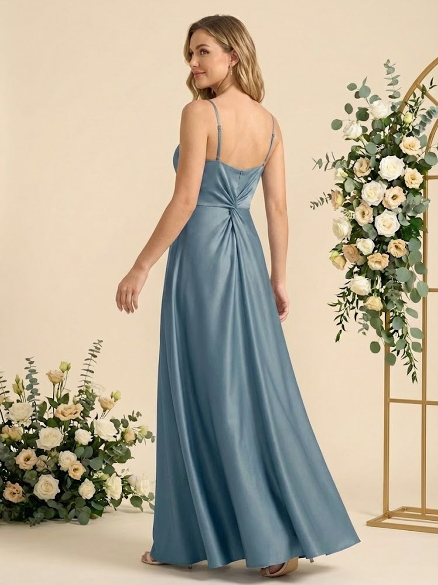 Spaghetti Straps Satin Back Pleat Bridesmaid Dresses for Women
