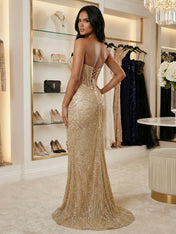 Luxurious Gold Strapless Geometric Sequin Corset Long Prom Dress
