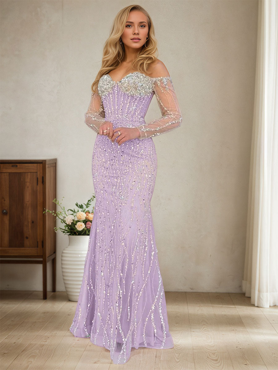 Sparkly Champagne Mermaid Off the Shoulder Long Prom Dress With Corset
