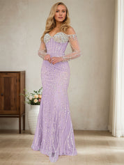 Sparkly Champagne Mermaid Off the Shoulder Long Prom Dress With Corset