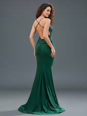 Spaghetti Straps Mermaid Halter Beaded Long Prom Dress with Slit