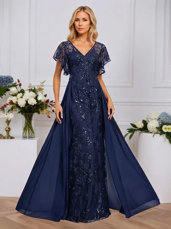 Column Illusion V-Neck Floor-Length Sequin Chiffon Lace Evening Dress With Overskirt