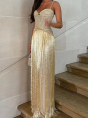 Dazzling Gold Fringe Art Deco Prom Dress Beading Tassel