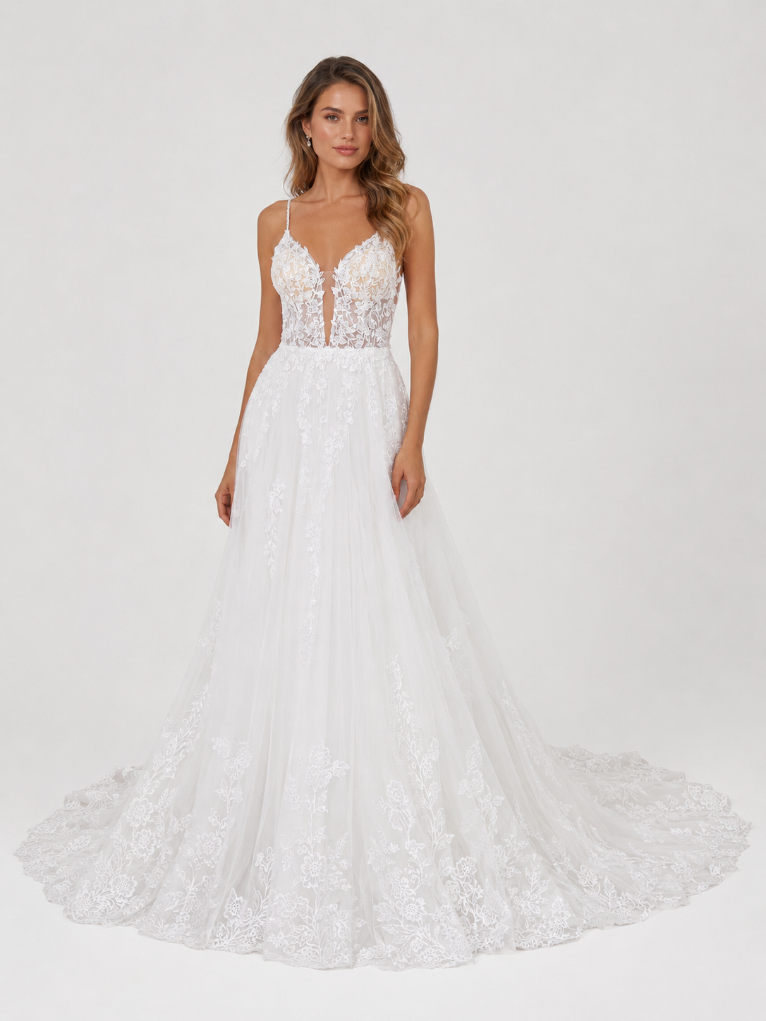 Elegant V-Neck Spaghetti Strap Lace Appliquéd Tulle A-Line Wedding Dress with Chapel Train