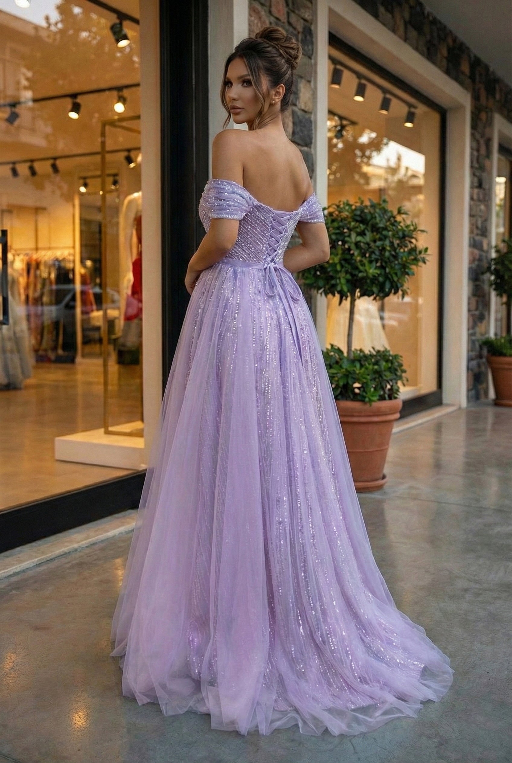 Blue Sequin Off-the-Shoulder Prom Dresses with Overskirt