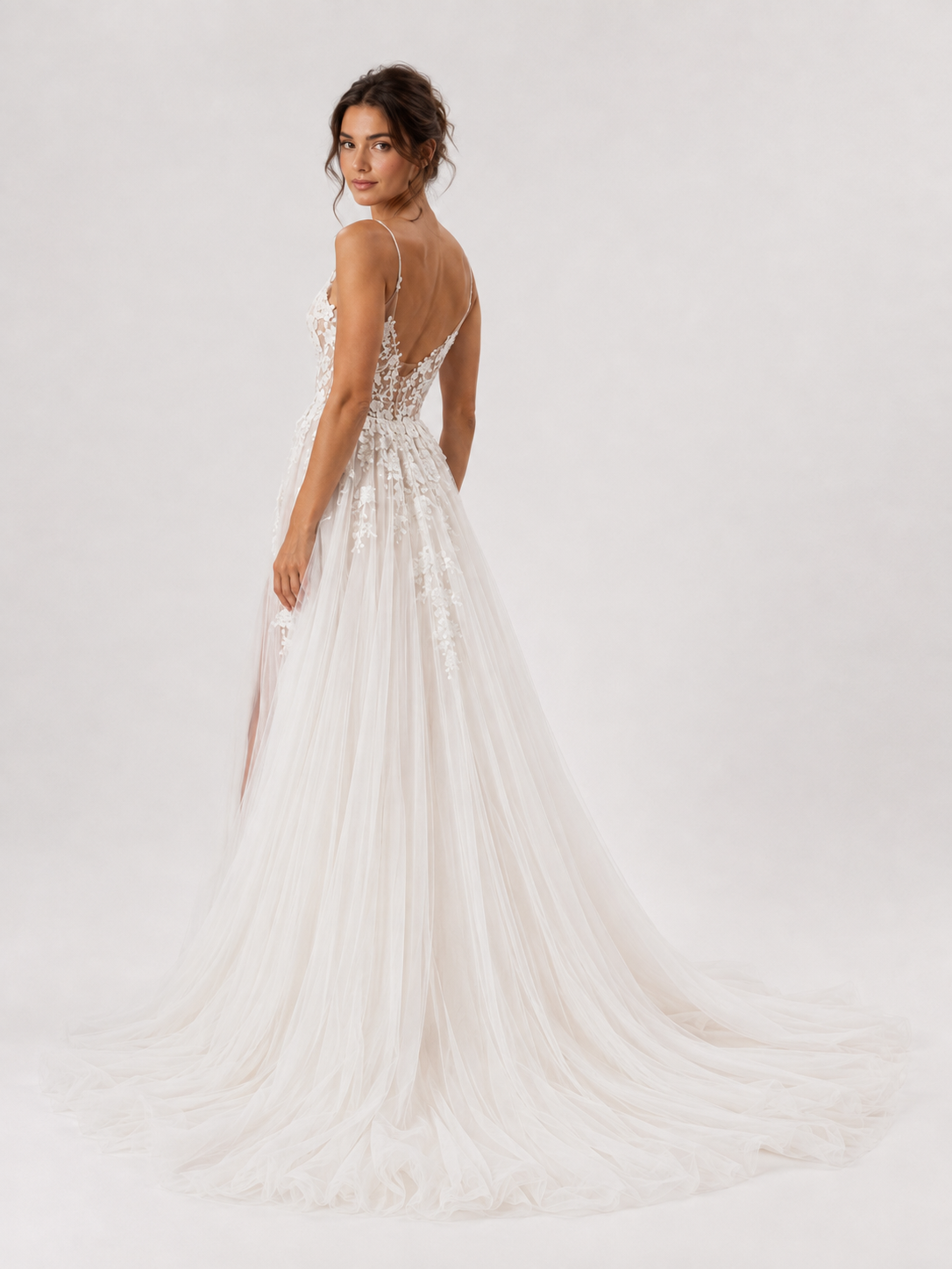 Elegant Floral Applique Tulle A-Line Wedding Dress with High Slit and Sweep Train