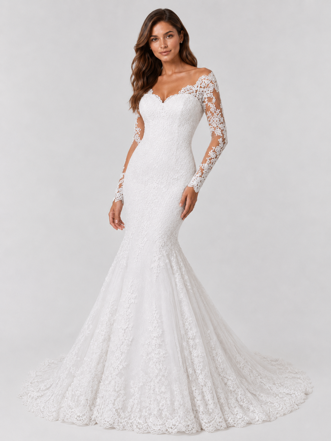 Elegant Off-the-Shoulder V-Neck Long-Sleeve Lace Mermaid Wedding Dress with Sweep Train