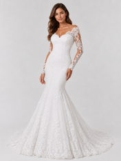 Elegant Off-the-Shoulder V-Neck Long-Sleeve Lace Mermaid Wedding Dress with Sweep Train