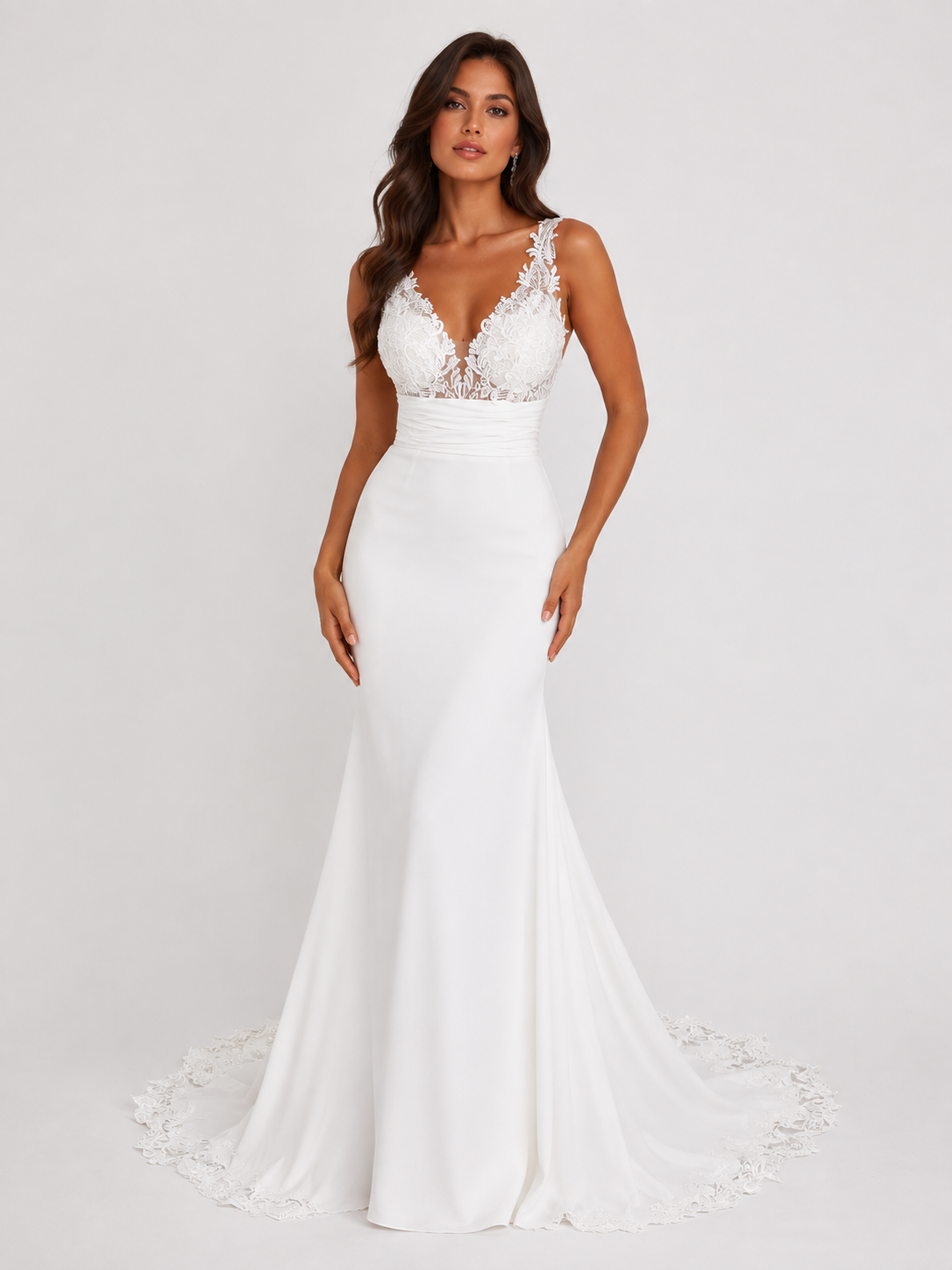 Elegant V-Neck Lace and Satin Mermaid Wedding Dress with Bow Back and Chapel Train