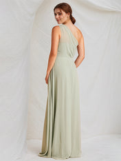 A Line Sage Chiffon One Shoulder Sleeveless Floor Length Dress