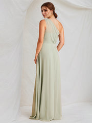 A Line Sage Chiffon One Shoulder Sleeveless Floor Length Dress