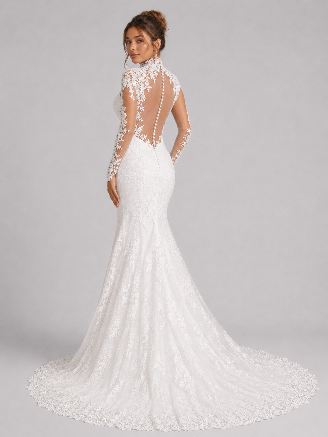 Elegant High Neck Long Sleeve Lace Mermaid Wedding Dress with Chapel Train