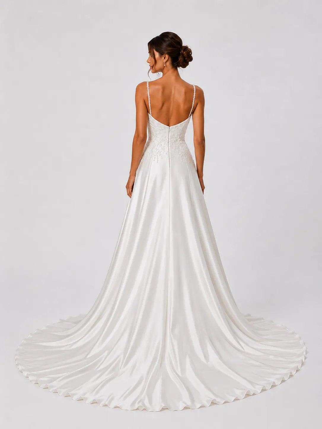 Elegant Satin A-Line Wedding Dress with Beaded Straps, Cowl Neck & High Slit