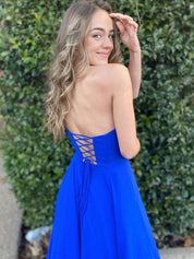 Blue A Line Strapless V Neck Long Prom Dress with Slit