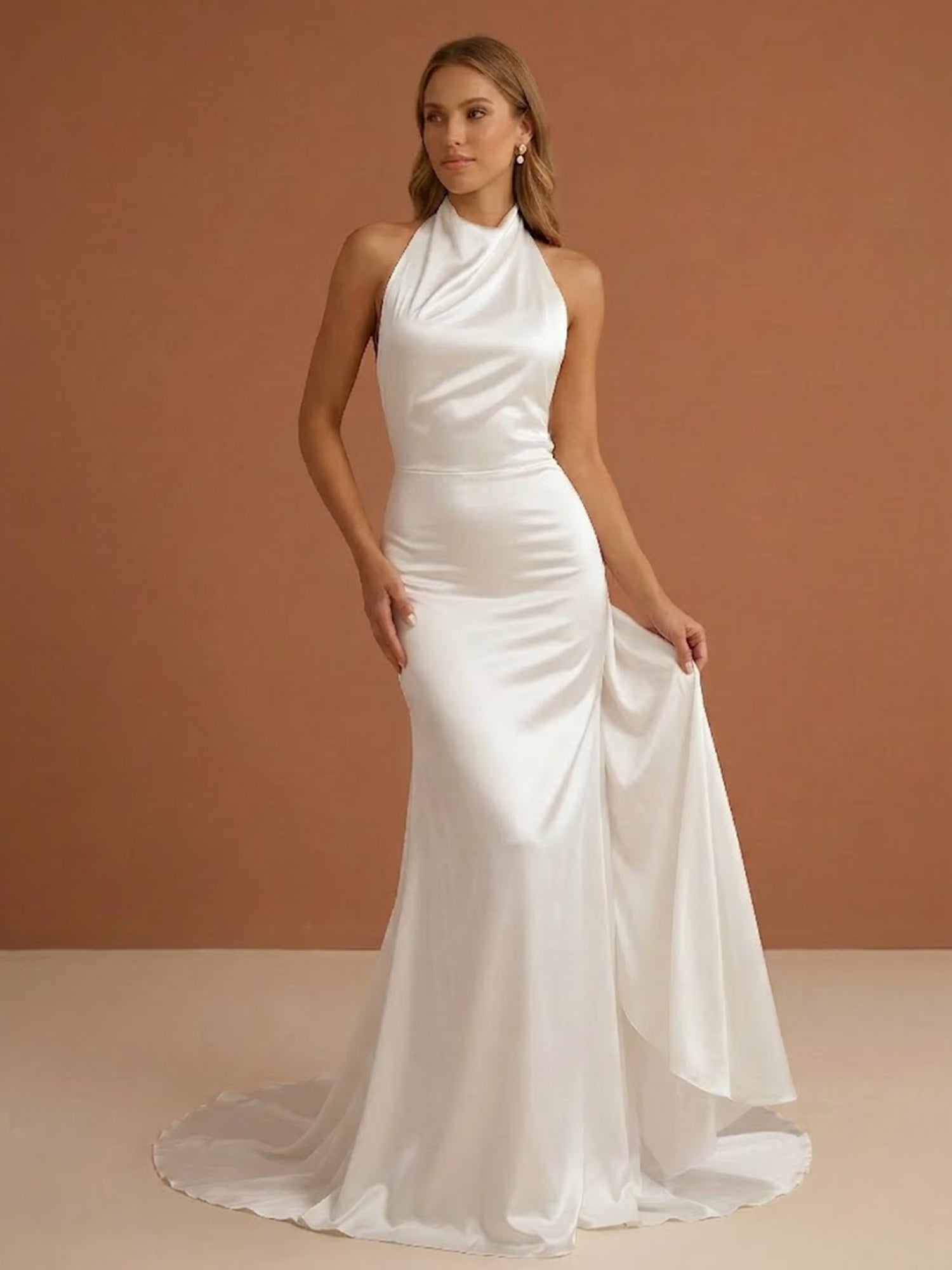 White High Halter Neck Satin Mermaid Wedding Dress