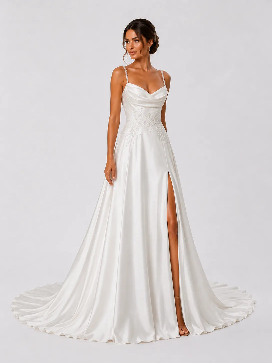 Elegant Satin A-Line Wedding Dress with Beaded Straps, Cowl Neck & High Slit