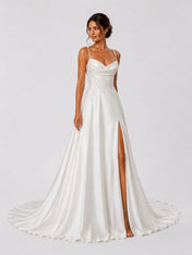 Elegant Satin A-Line Wedding Dress with Beaded Straps, Cowl Neck & High Slit