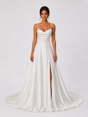 Elegant Satin A-Line Wedding Dress with Beaded Straps, Cowl Neck & High Slit