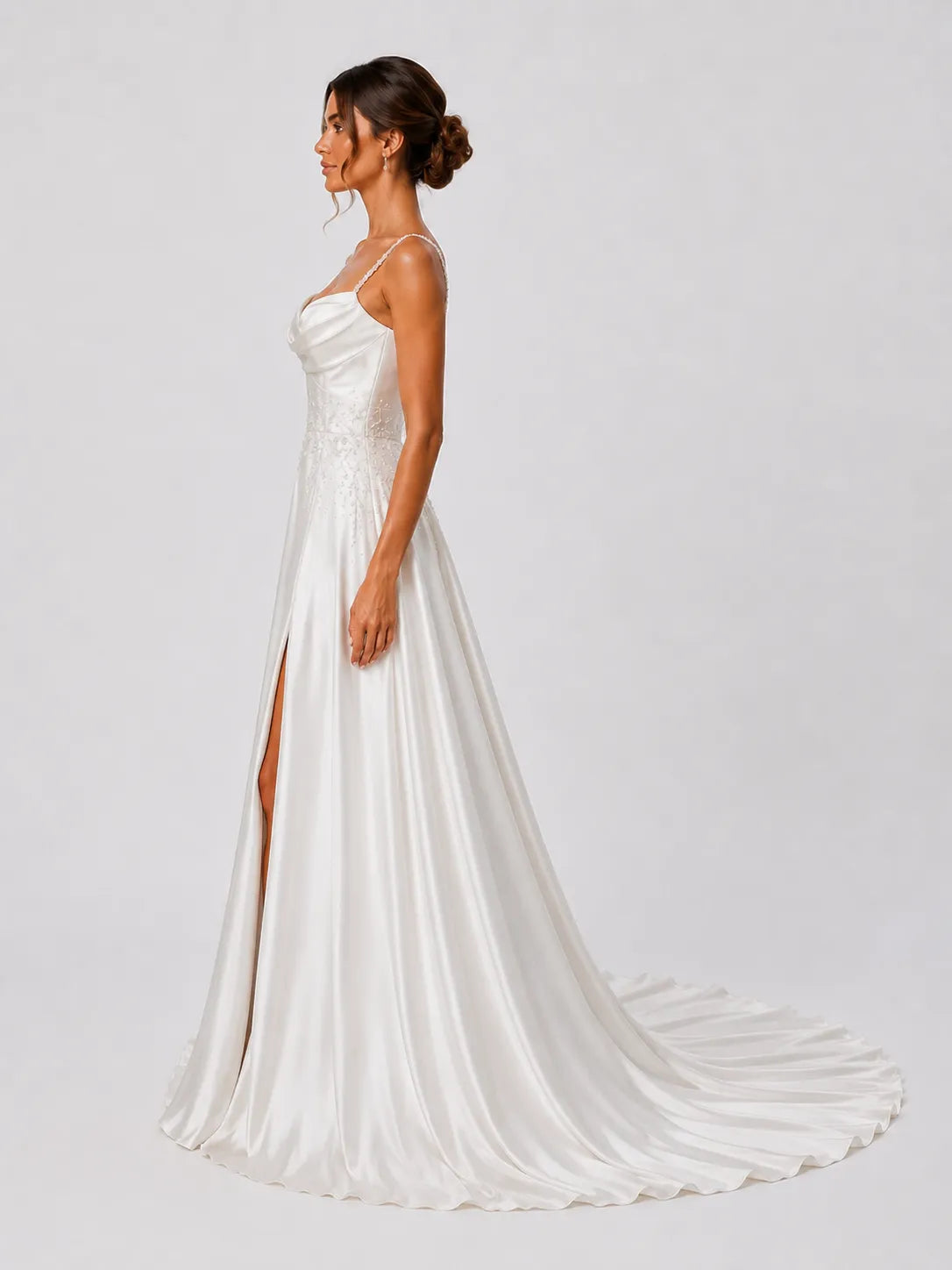 Elegant Satin A-Line Wedding Dress with Beaded Straps, Cowl Neck & High Slit