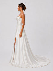 Elegant Satin A-Line Wedding Dress with Beaded Straps, Cowl Neck & High Slit