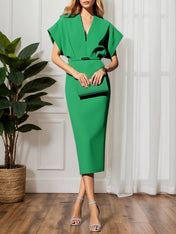 Light Blue Classic V Neck Short Sleeve Dolman Sleeve Sheath Midi Dress