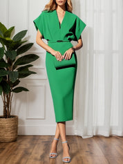 Light Blue Classic V Neck Short Sleeve Dolman Sleeve Sheath Midi Dress
