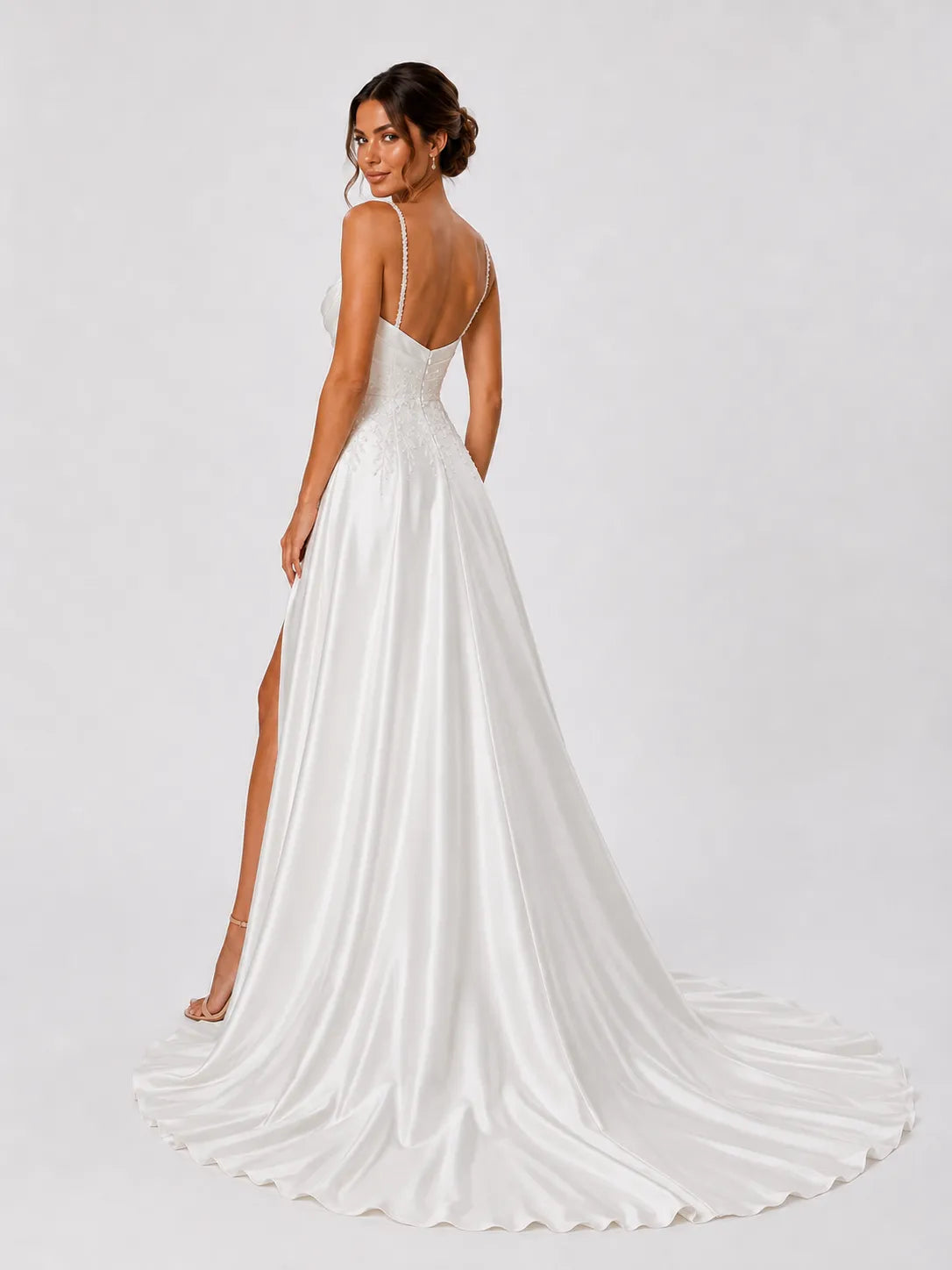 Elegant Satin A-Line Wedding Dress with Beaded Straps, Cowl Neck & High Slit