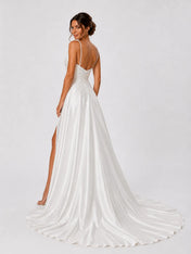 Elegant Satin A-Line Wedding Dress with Beaded Straps, Cowl Neck & High Slit