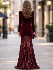 High-Neck Velvet and Sequin Mermaid Evening Dress