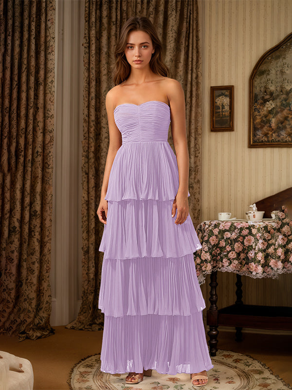 Burgundy A-Line Sweetheart Floor Length Tiered Chiffon Bridesmaid Dress