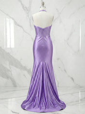 Beaded Halter Corset Prom Dress with High Slit