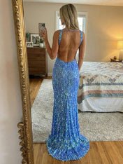 Mermaid V-Neck Backless Long Tight Sequin Prom Dress